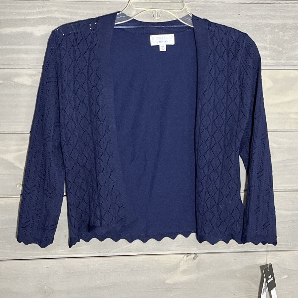 Talbots Navy Pointelle Open-Front Cropped Cardigan